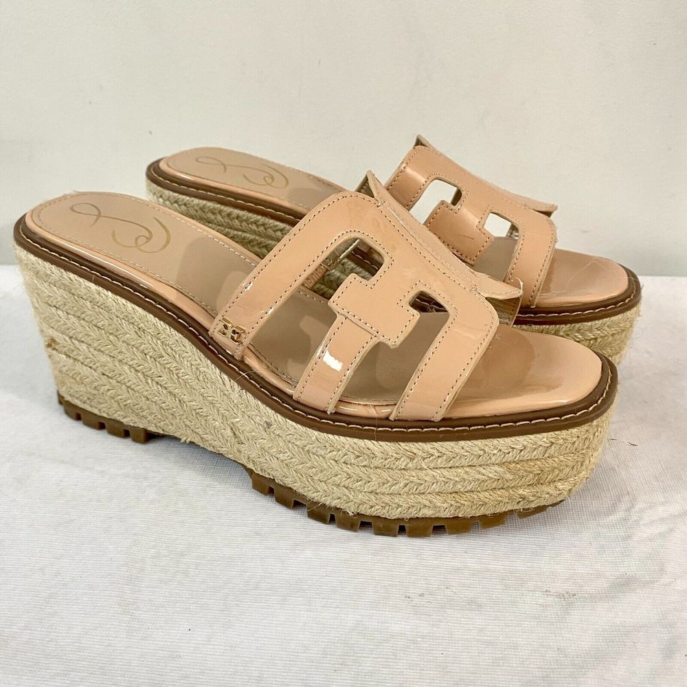 Sam Edelman Tan Patent Platform Espadrille Slide Shoes Mules Women's 8.5